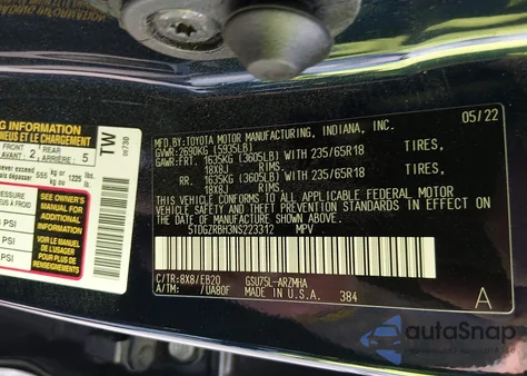 2022 Toyota Highlander Xle из США, поврежденный, VIN 5TDGZRBH3NS223312